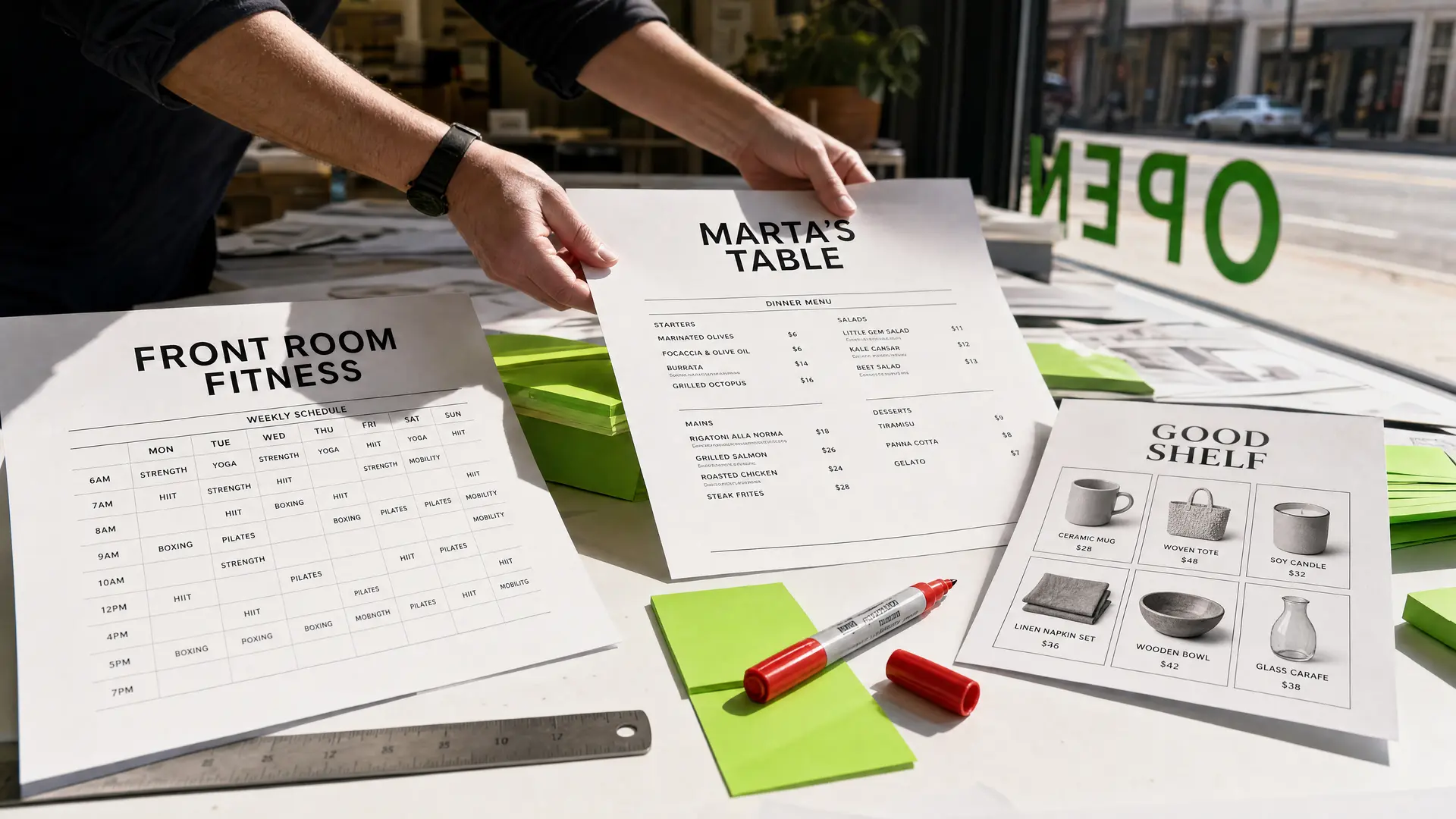 Inside the Corner Office studio: hands placing a printed proof on the table, a storefront window with a reversed OPEN sign in the daylight behind.
