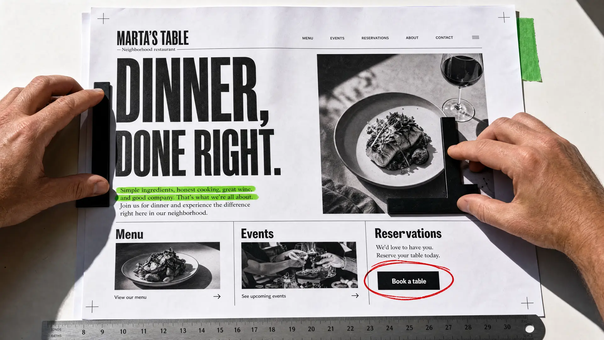 Oversized printed homepage proof for Marta's Table being cropped with L-shaped tools, a green highlighter stroke across a paragraph and a red circle around the Book a table button.