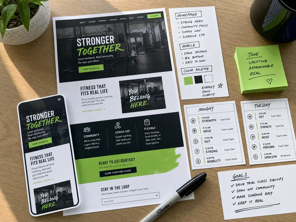 Printed fitness studio website proofs with class schedules, mobile booking notes, and electric-green annotations.