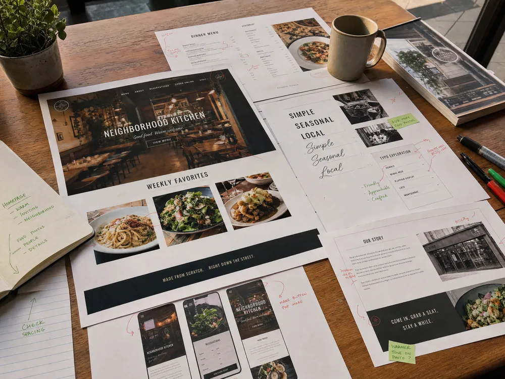 Printed restaurant website proofs with menu sections, reservation notes, tomato-red edits, and electric-green layout marks on a sunlit table.