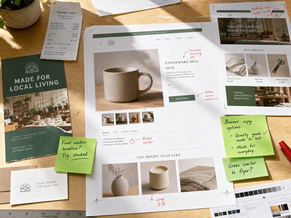 Printed retail website proofs with product cards, pickup notes, receipt paper, crop marks, and bright layout edits.